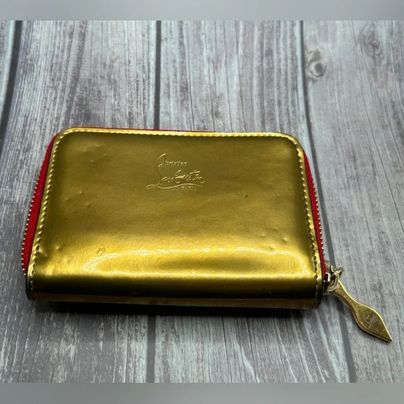 SOLD✨ LOUBOUTIN Gold Studded Logo Zip Compact Wallet Loubinthesky RARE - Picture 7 of 14